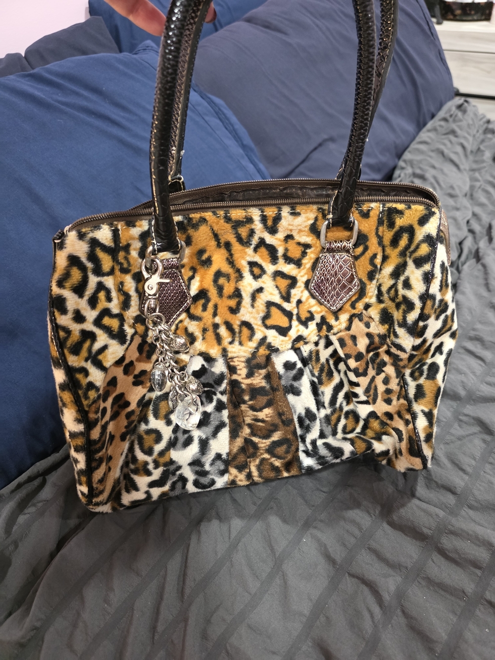 Leopard Print Faux Fur Tote Handbag - Brown/Black